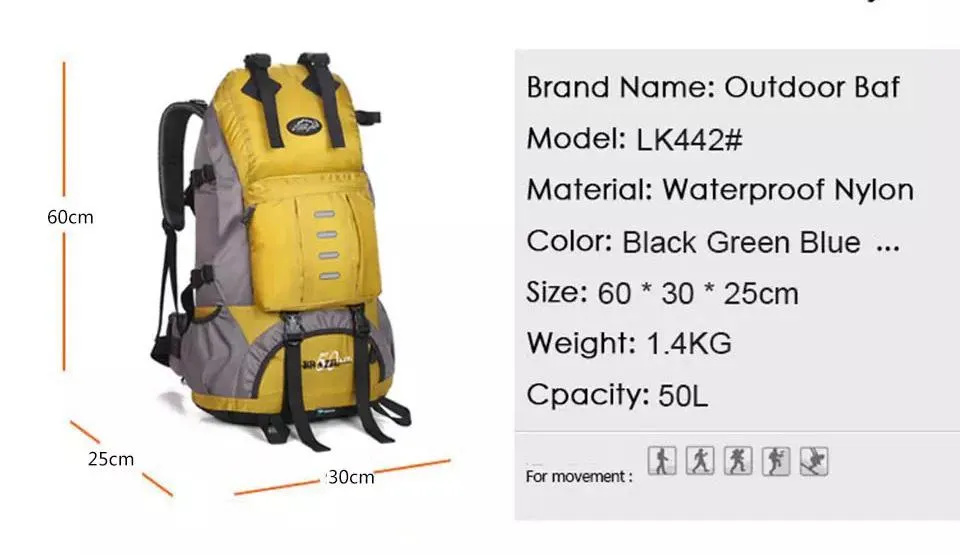 50L Outdoor Local Lion Brazil 50 Waterproof Hiking Bag Camping Bag Mountaineering Bag Multipurpose Backpack