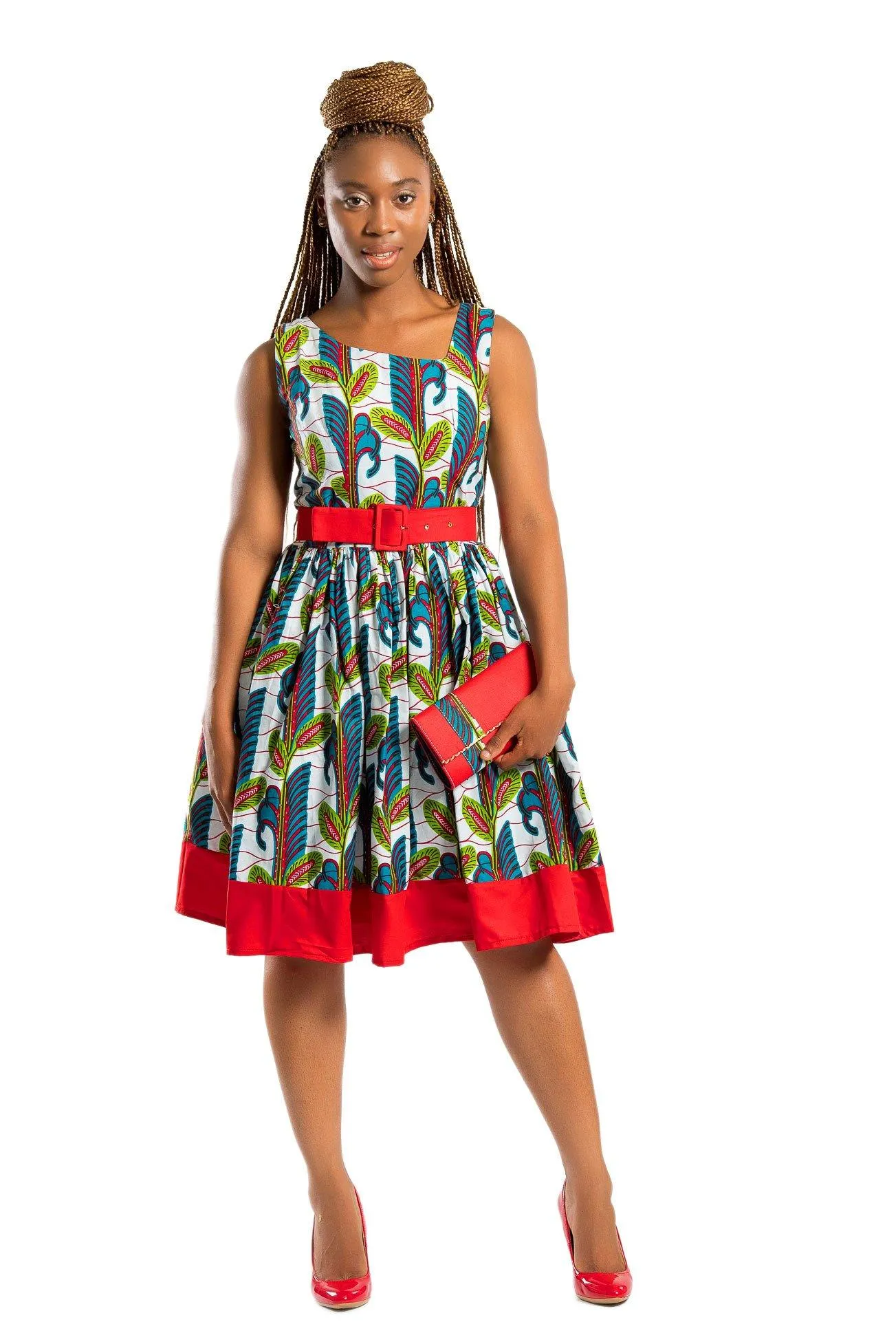 African Print Ayana Midi Dress (White / Red)