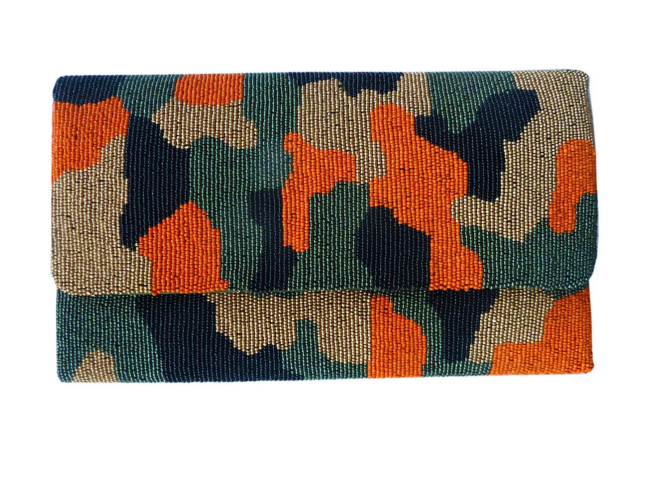 Beaded Large Envelope Clutch Bag Camouflage Orange