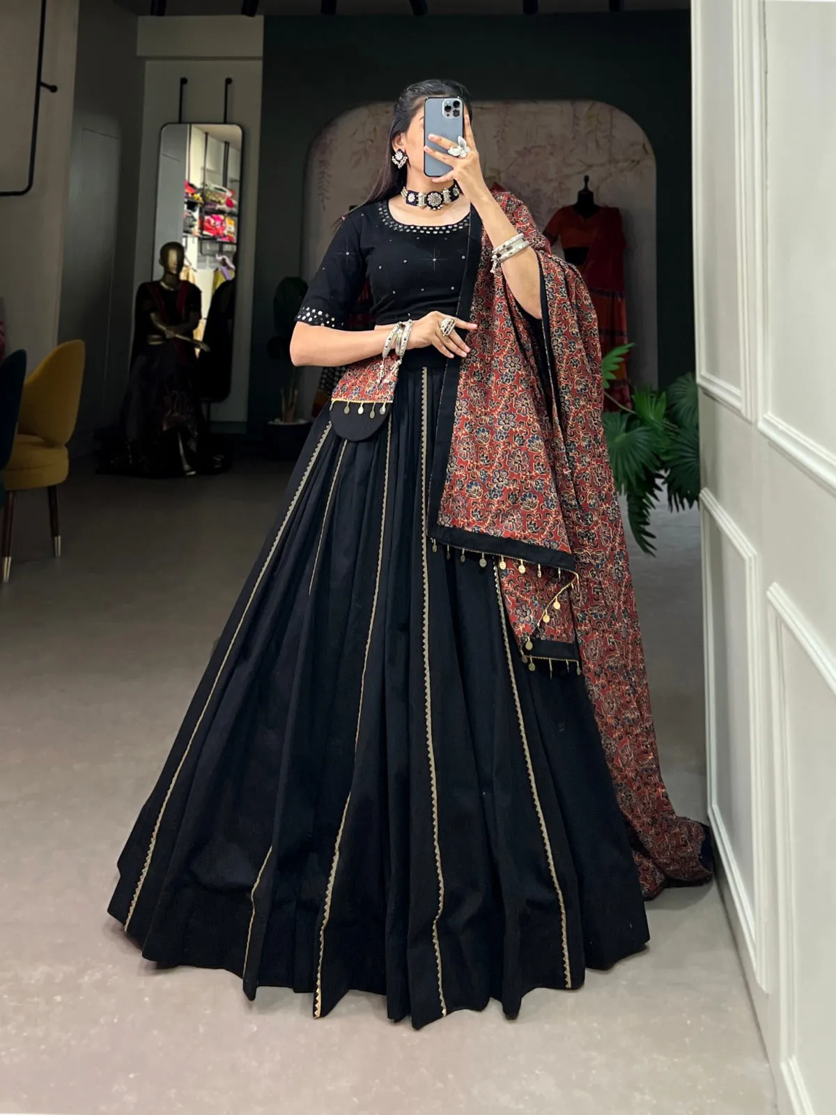 Black Pure Cotton Lehenga Choli Set with Purse