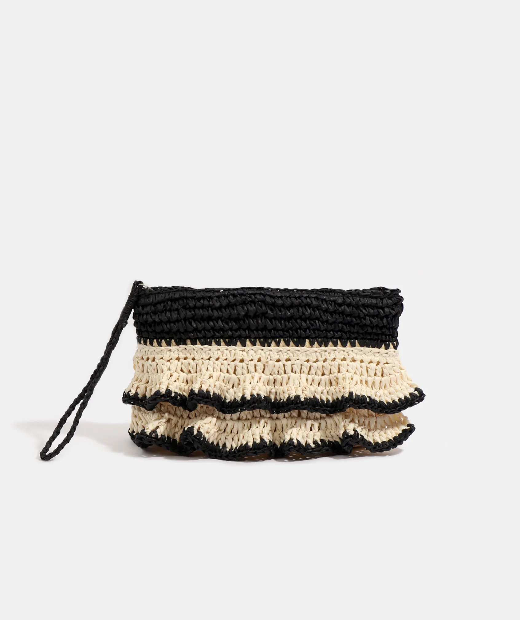 Black Ruffle Detail Straw Clutch Bag