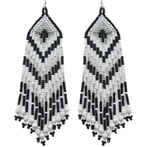 Black White and Silver Chevron Fringe Earrings