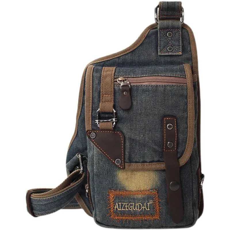 Blue Denim Mens Biker Waist Bag Chest Bag Vintage Denim Sling Bag For Men