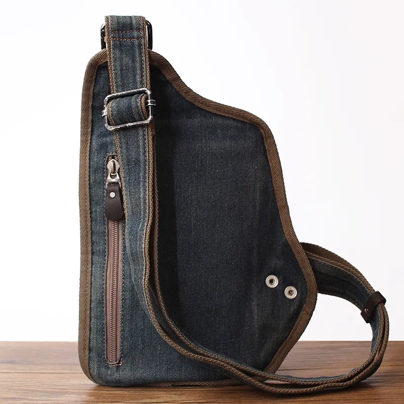 Blue Denim Mens Biker Waist Bag Chest Bag Vintage Denim Sling Bag For Men