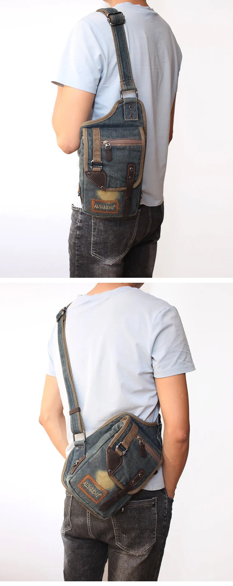 Blue Denim Mens Biker Waist Bag Chest Bag Vintage Denim Sling Bag For Men