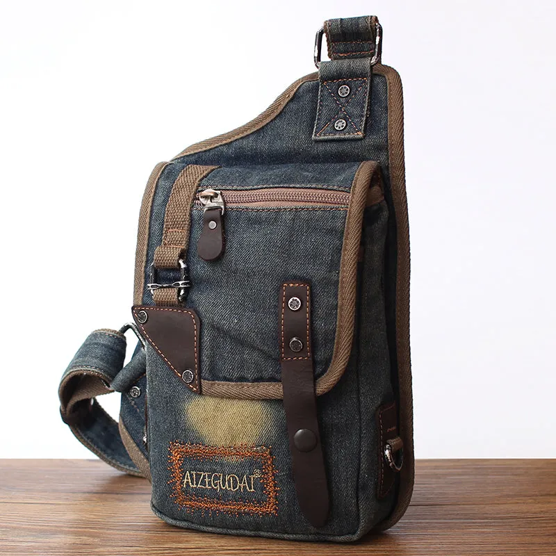 Blue Denim Mens Biker Waist Bag Chest Bag Vintage Denim Sling Bag For Men