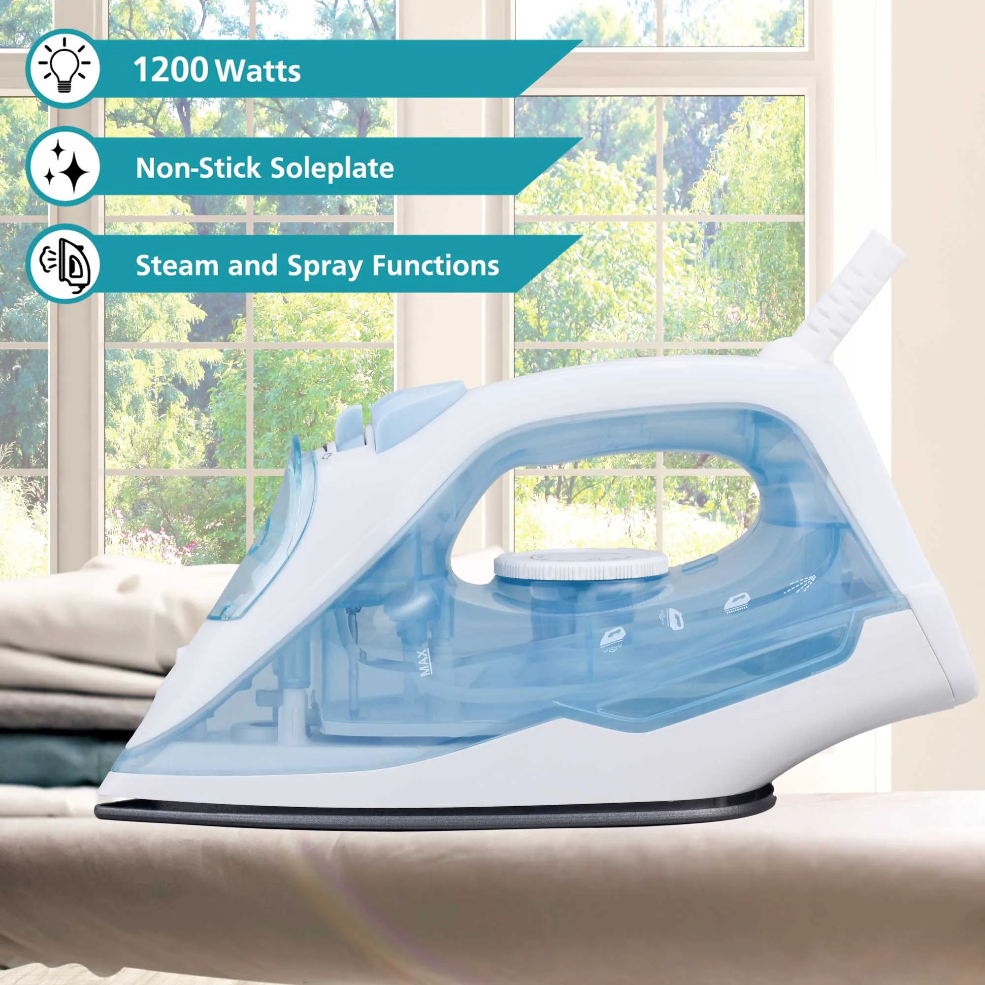 Brentwood MPI-51W 1200W Lightweight Non-Stick Steam Iron with Extra Long 8FT Cord, White