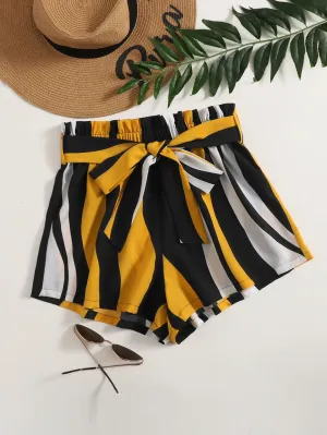 Casual Colorblock Paper Bag Waist High Waist Women Shorts