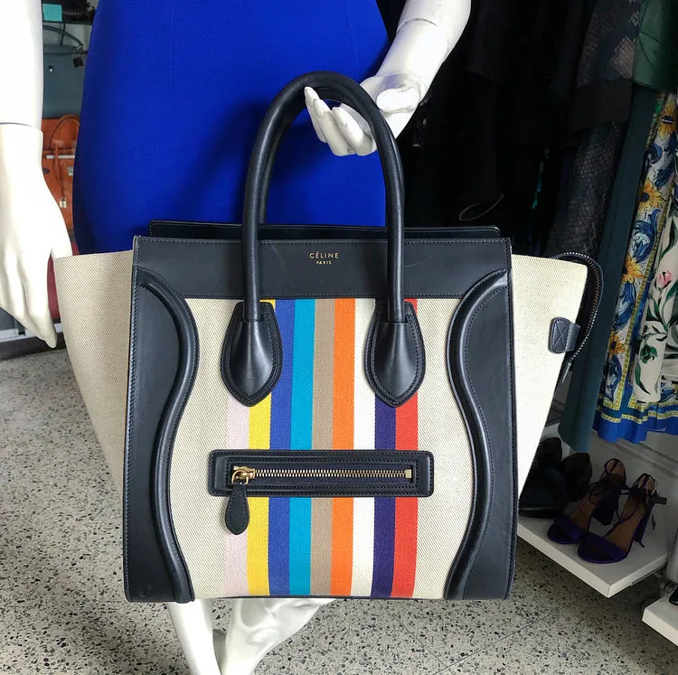 Celine Luggage Mini Tote Striped Canvas and Leather