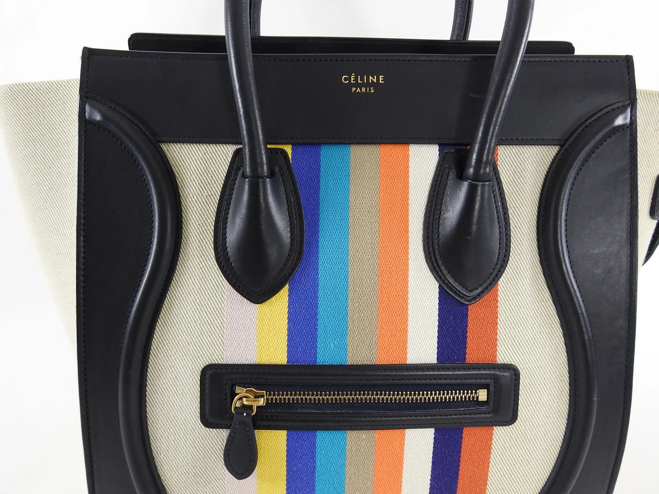 Celine Luggage Mini Tote Striped Canvas and Leather