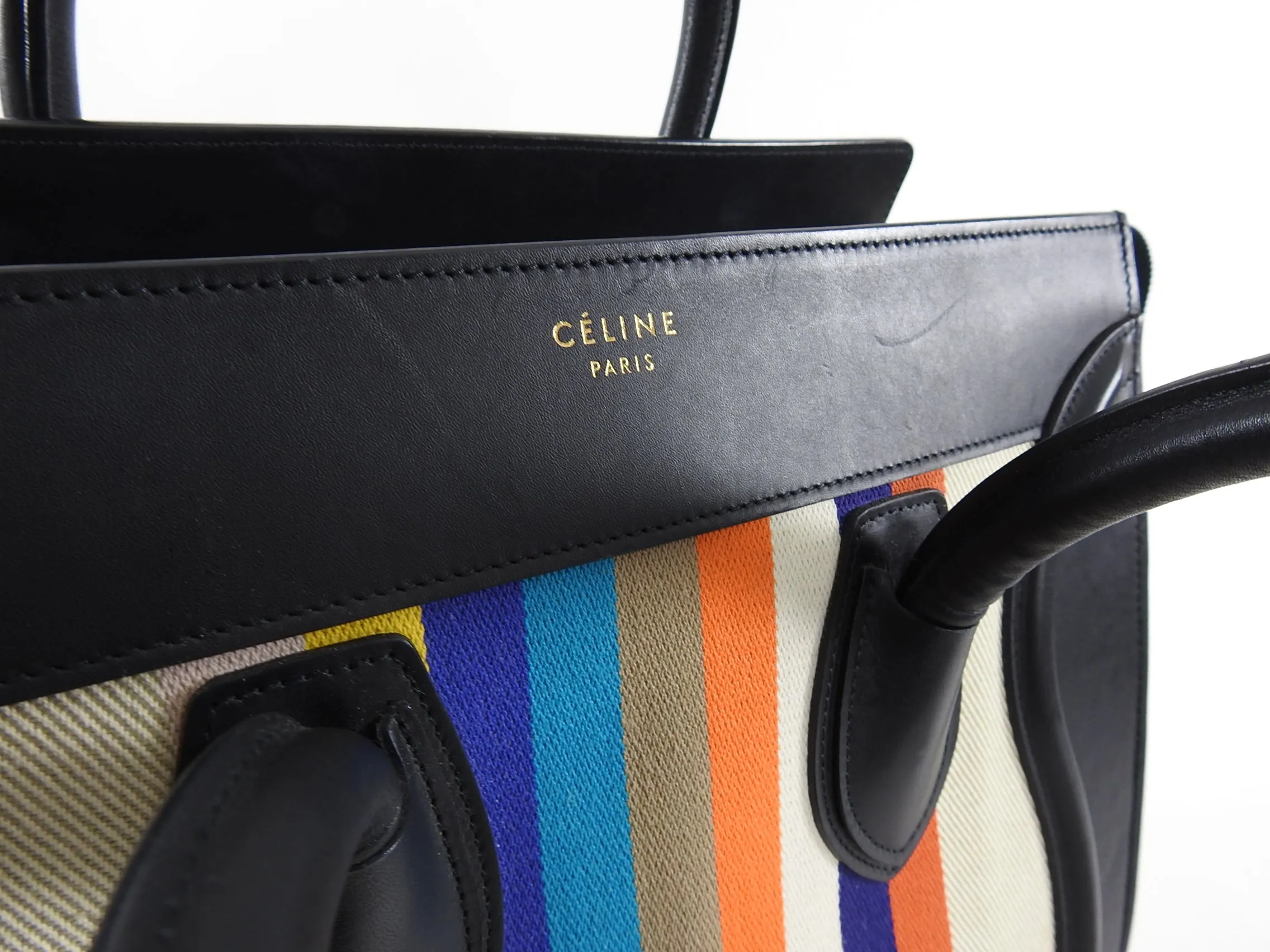 Celine Luggage Mini Tote Striped Canvas and Leather