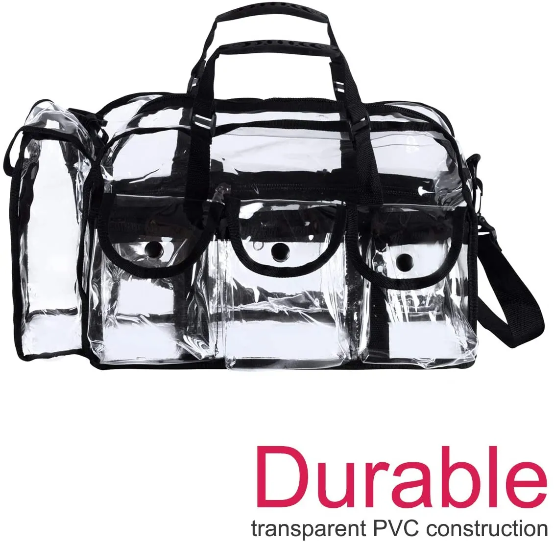 Clear Makeup Organizer PVC Toiletry Bag 21 inch x 11 inch x 7 inch, 4 External Pockets for Toiletries Adjustable Strap