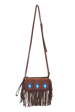 Crossbody Brown Wool Purse with Blue Diamonds Brown full fringe