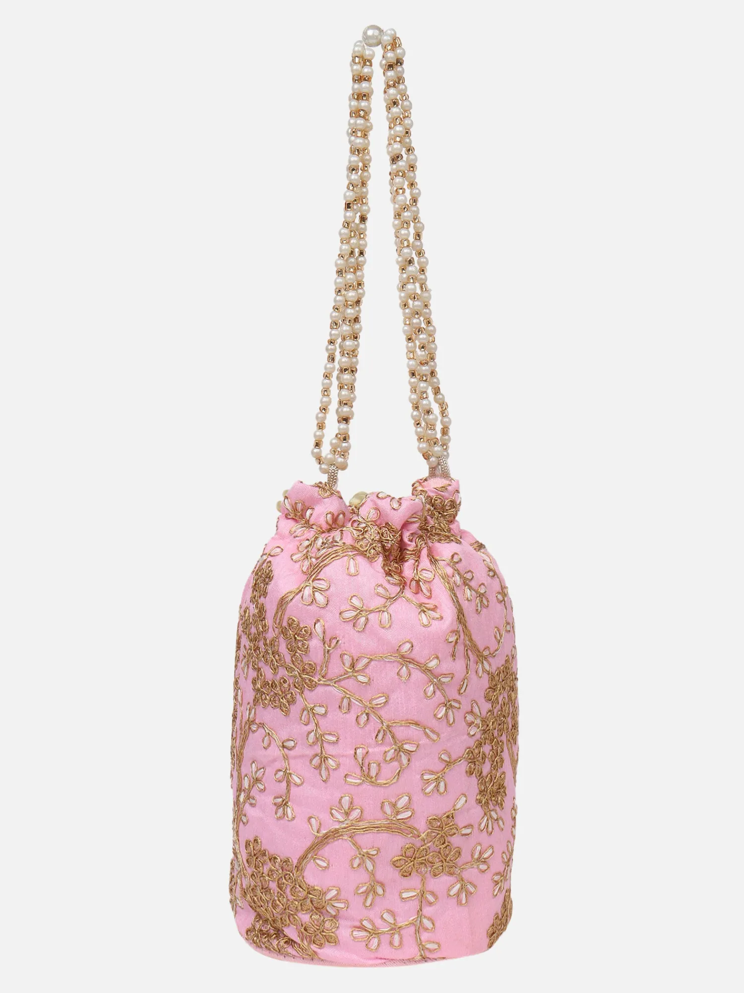 Handcrafted Pink Embroidered Potli Bag With Golden Zari