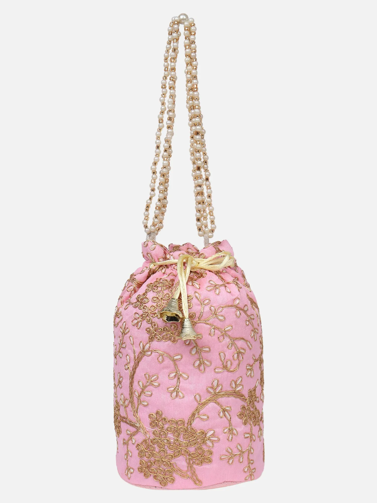 Handcrafted Pink Embroidered Potli Bag With Golden Zari