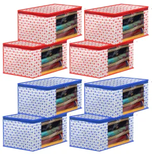 Heart Home Dot Printed Foldable, Lightweight Non-Woven Saree Cover/Organizer With Tranasparent Window- Pack of 8 (Blue & Pink)-46HH0511