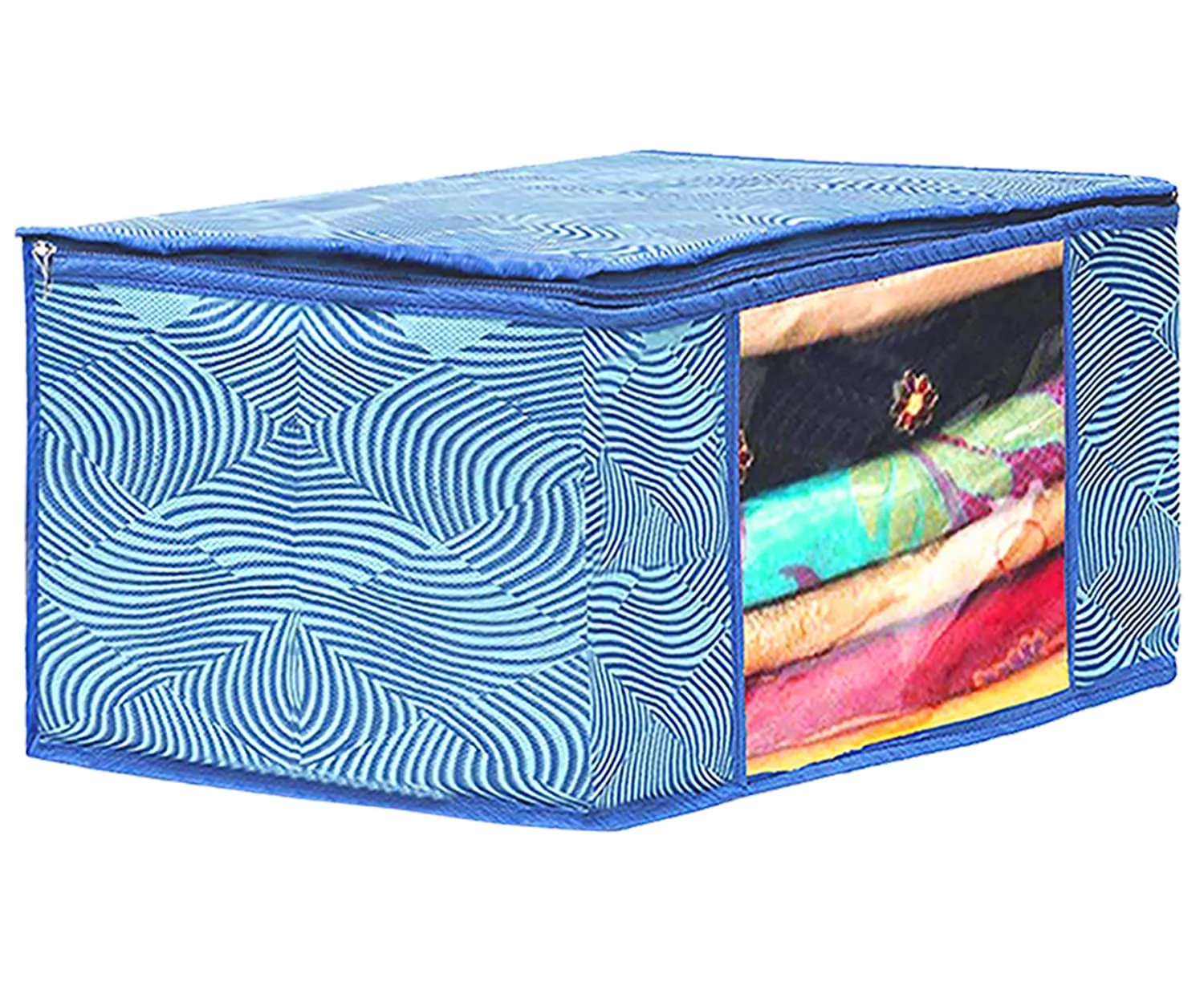 Heart Home Lahariya Design Non-woven Foldable 2 Saree & 2 Blouse Cover/Clothes Storage Bag/Wardrobe Organizer Set With Transparent Window- Pack of 4 (Blue)-44HH0575