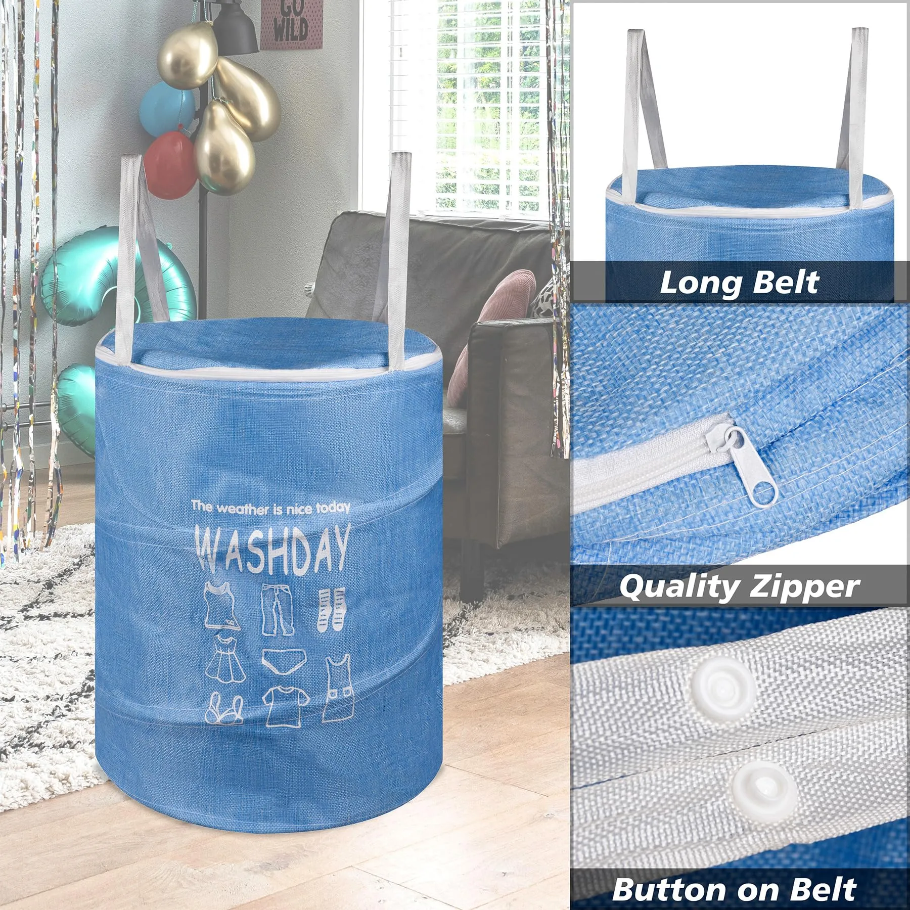 Heart Home Laundry Basket | Round Foldable Laundry Basket | Jute Storage Bag with Button Handles | Clothes Basket for Home | Toy Storage Basket | 45 LTR | Blue