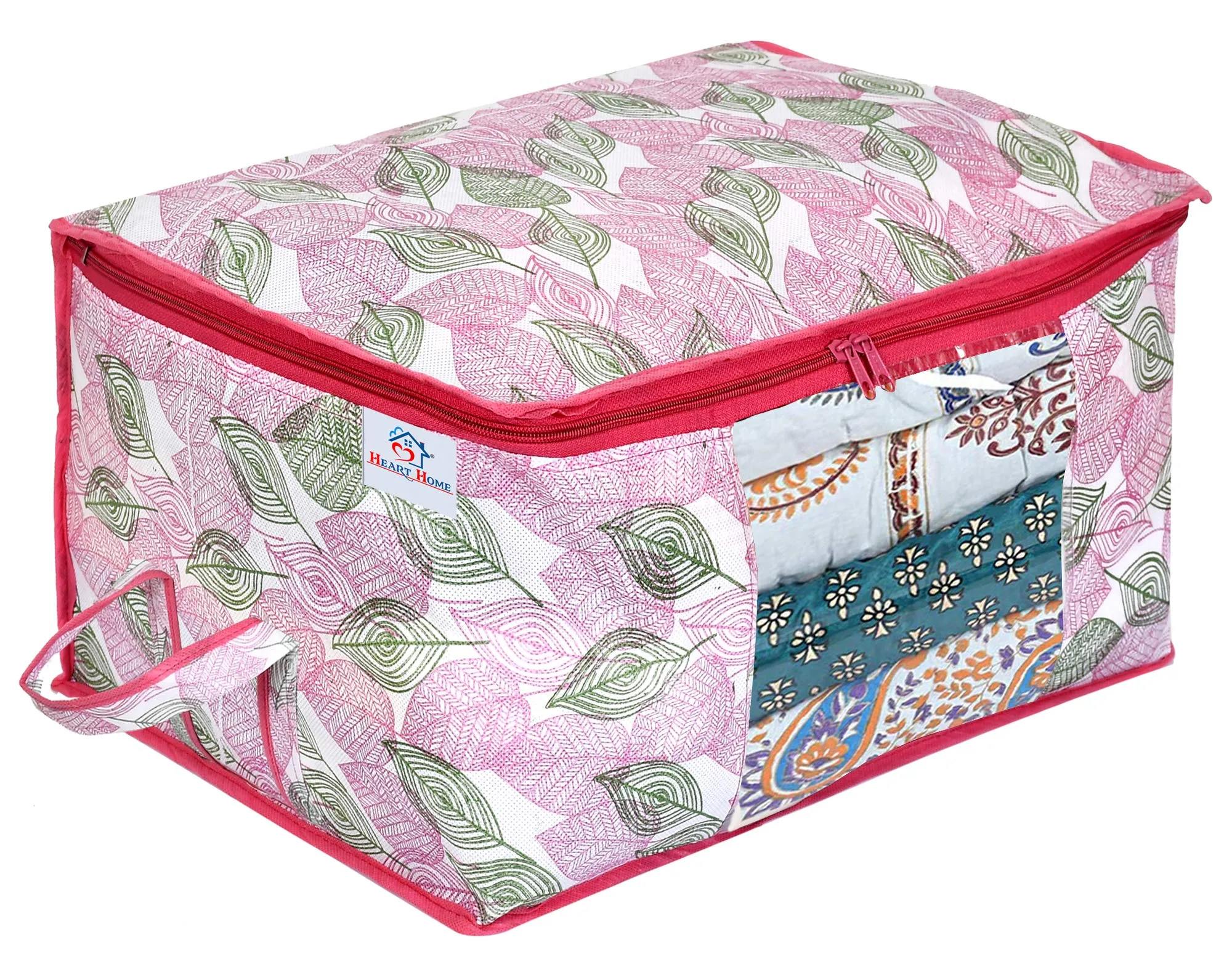 Heart Home Metalic Leafy Print Non Woven 6 Pieces Underbed Storage Bag,Cloth Organiser,Blanket Cover with Transparent Window (Pink)-HHEART16621