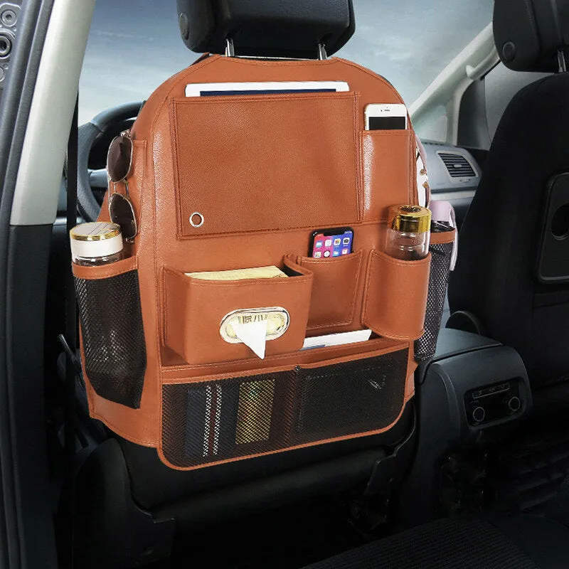 Leather Car Seat Back Storage Bag Seat Cover Multi-functional Cup Holder Organizer