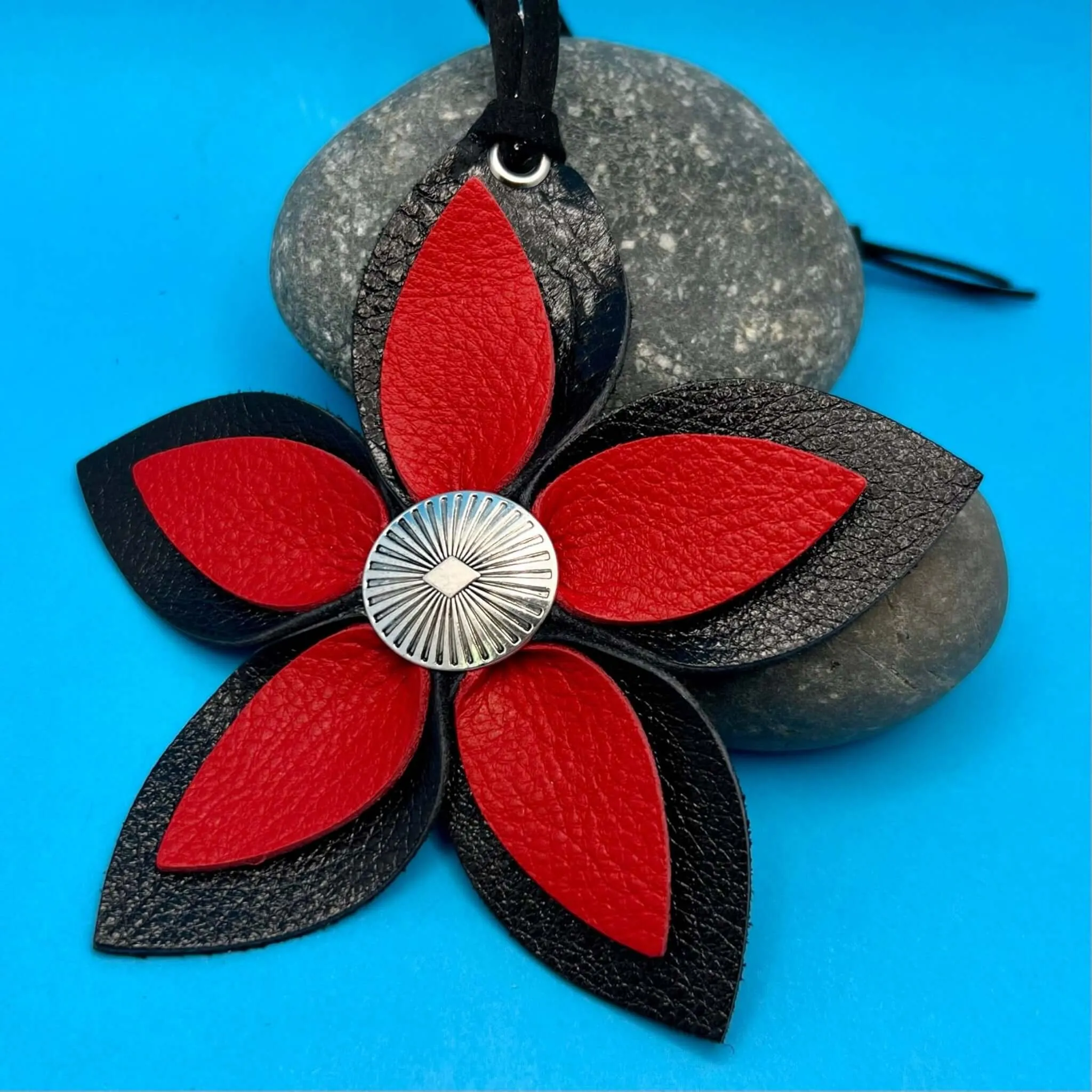 Leather Flower Bag Charm - Large Flower with Loop - Red and Black