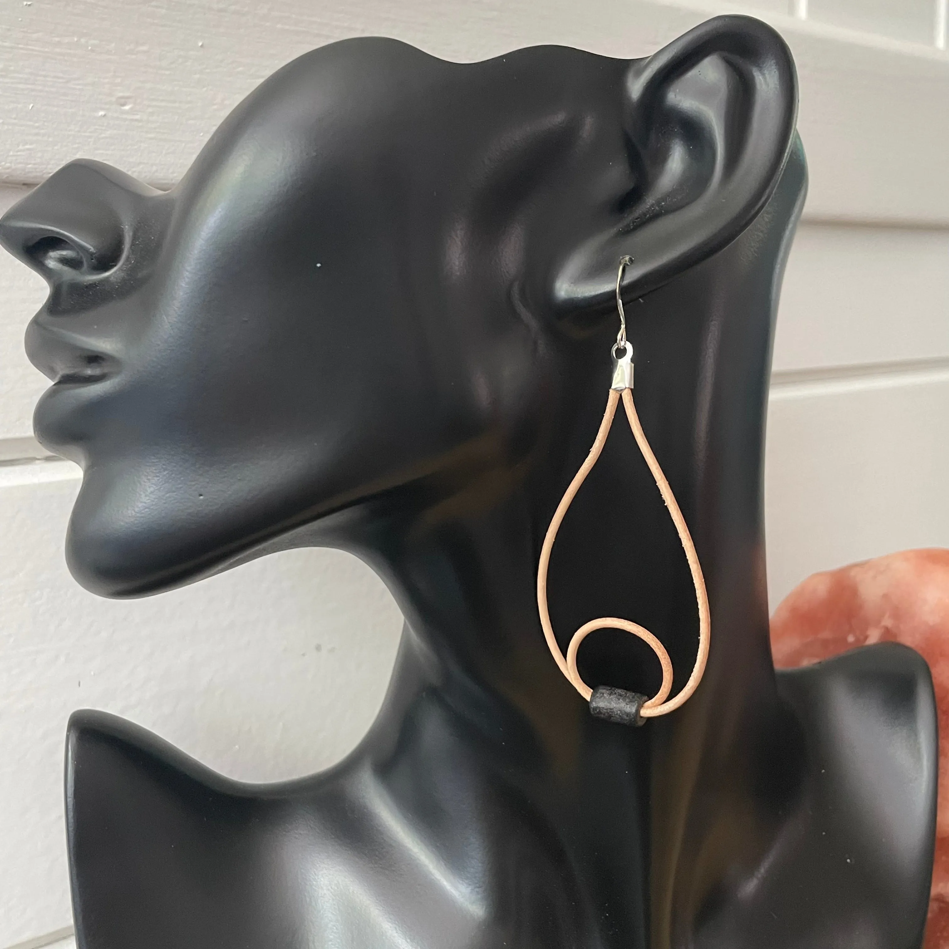 Lightweight Double Hoop Teardrop & Black Bead Earrings 3" Tan Cord Boho Date Night Daily