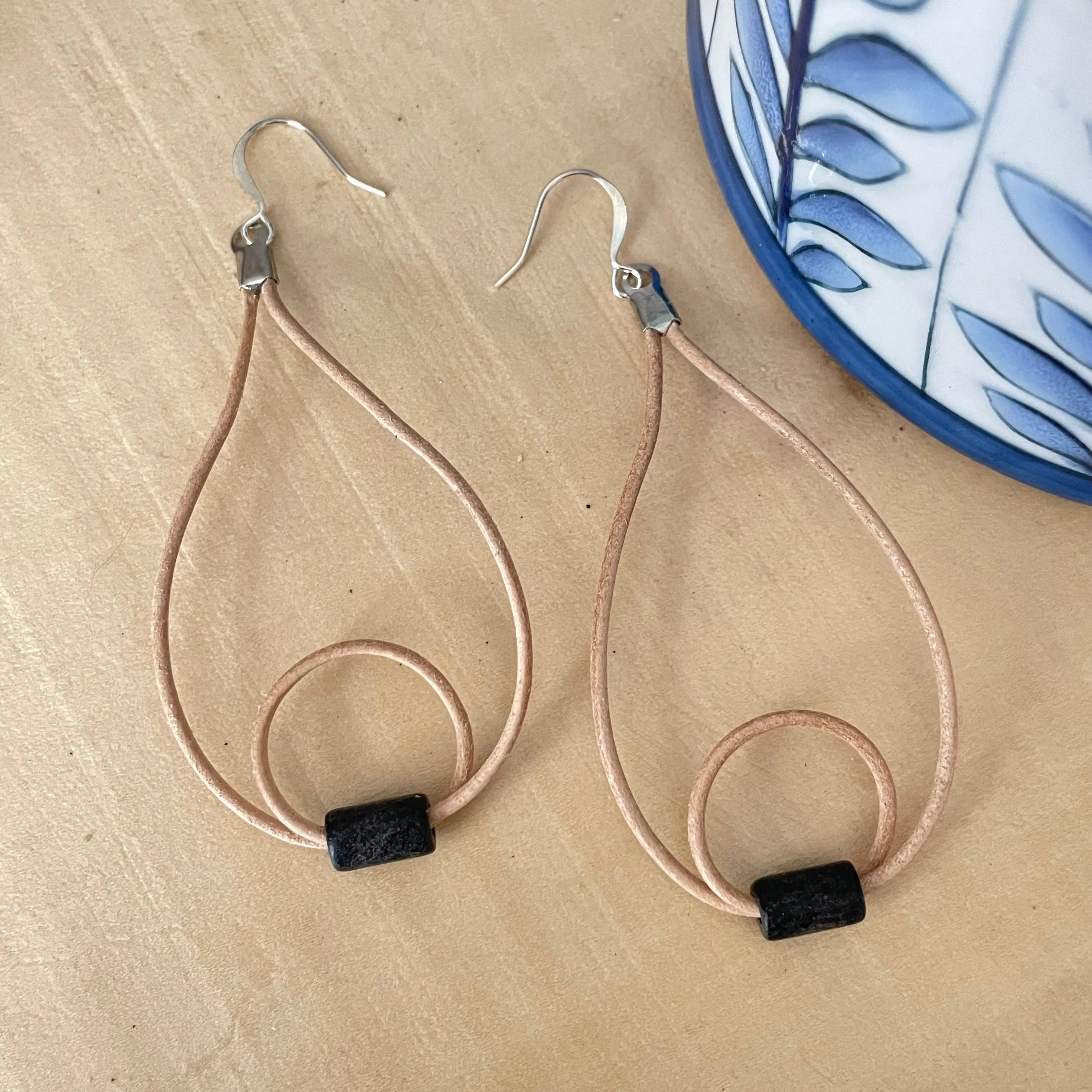 Lightweight Double Hoop Teardrop & Black Bead Earrings 3" Tan Cord Boho Date Night Daily