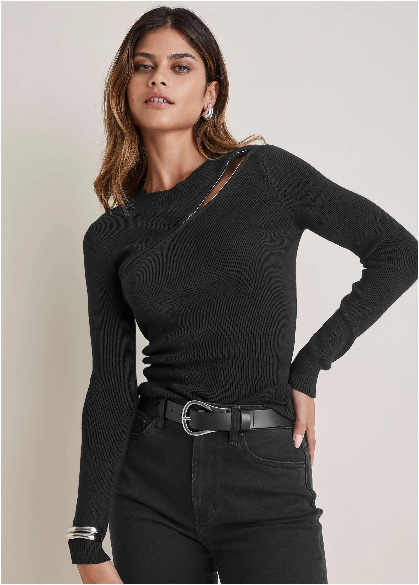 Lightweight Zipper Sweater  - Black