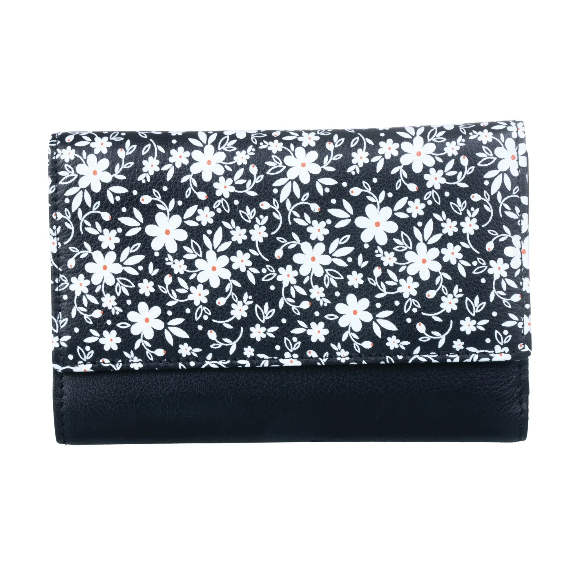 Mala Leather Black Maisie Flower Print Large Tri-Fold Purse