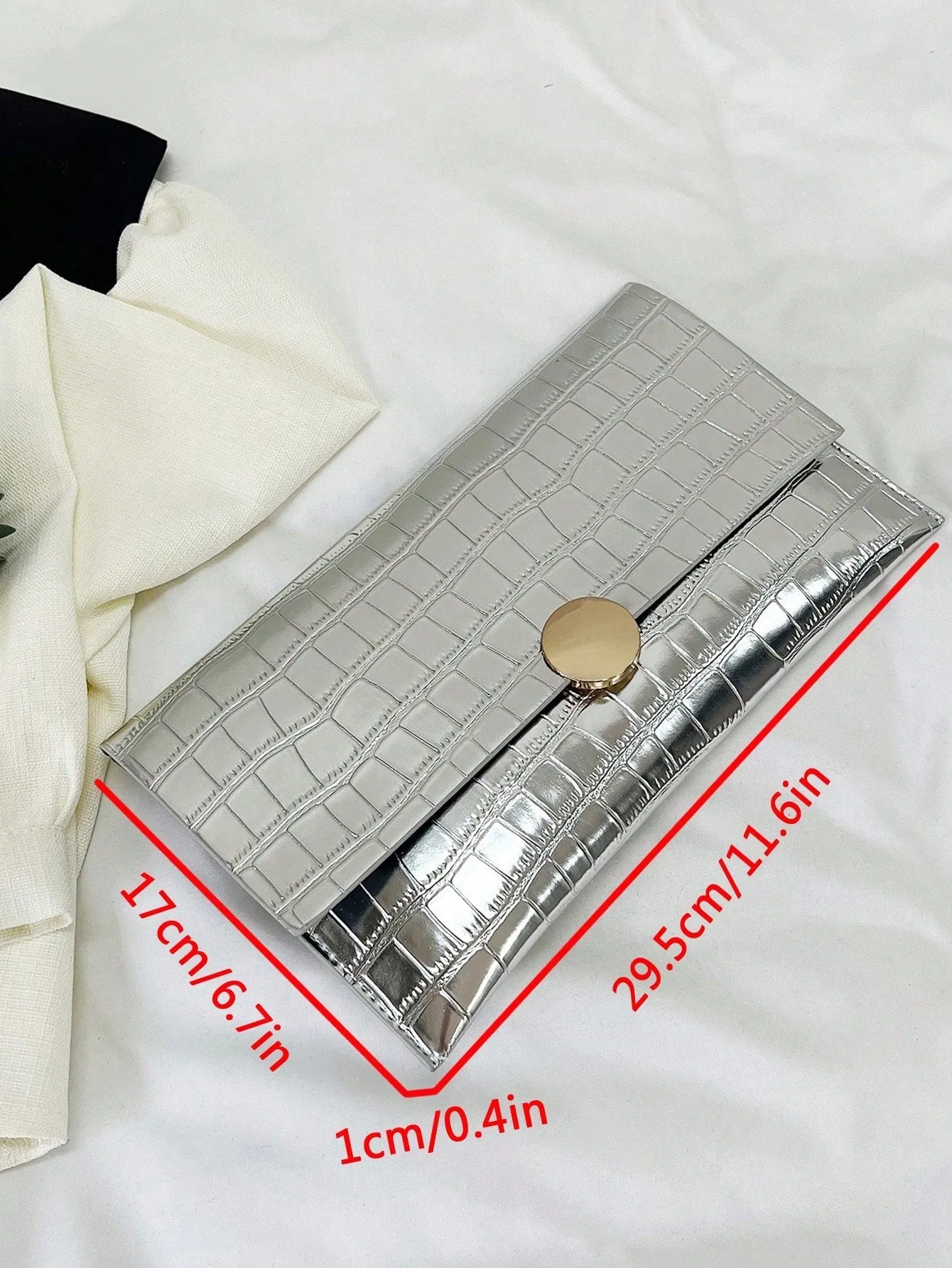 Minimalist Croc Embossed Envelope Bag Silver Metal Decor Clutch Bag