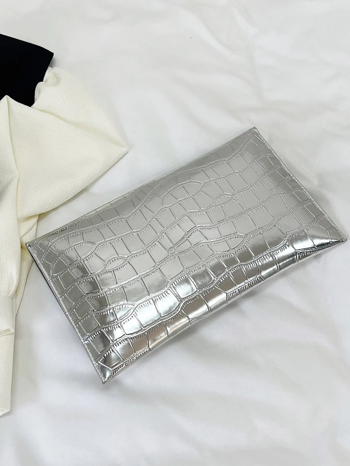 Minimalist Croc Embossed Envelope Bag Silver Metal Decor Clutch Bag