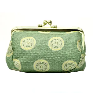 Nishijin-ori Small Pouch - Wheel-shaped Treasure / Green -, Made in Kyoto, Japan, Cosmetic Pouch, Makeup Pouch, Japanese Gamaguchi Pouch, Travel Toiletry Pouch, Stationery Pouch, Bag organizer, Bag in Bag