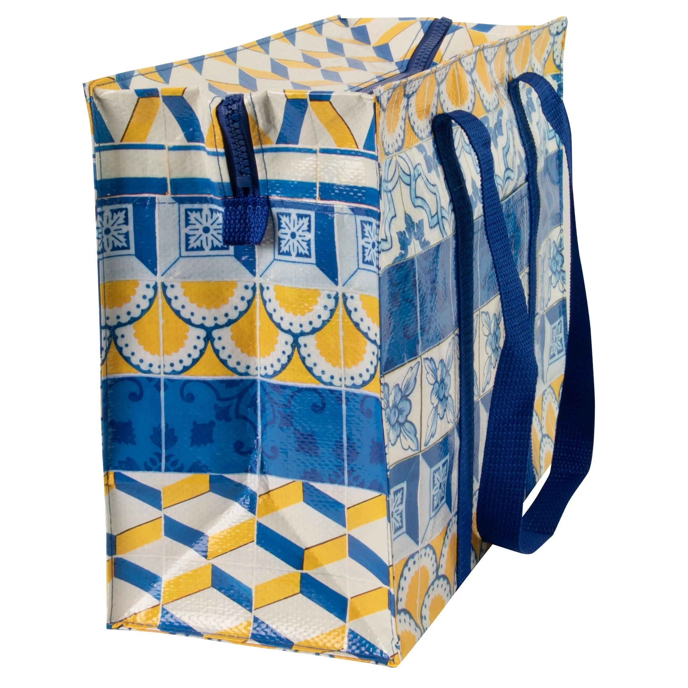 Painted Tiles Shoulder Tote Bag in Blue and Yellow | 11" x 15" | BlueQ at GetBullish