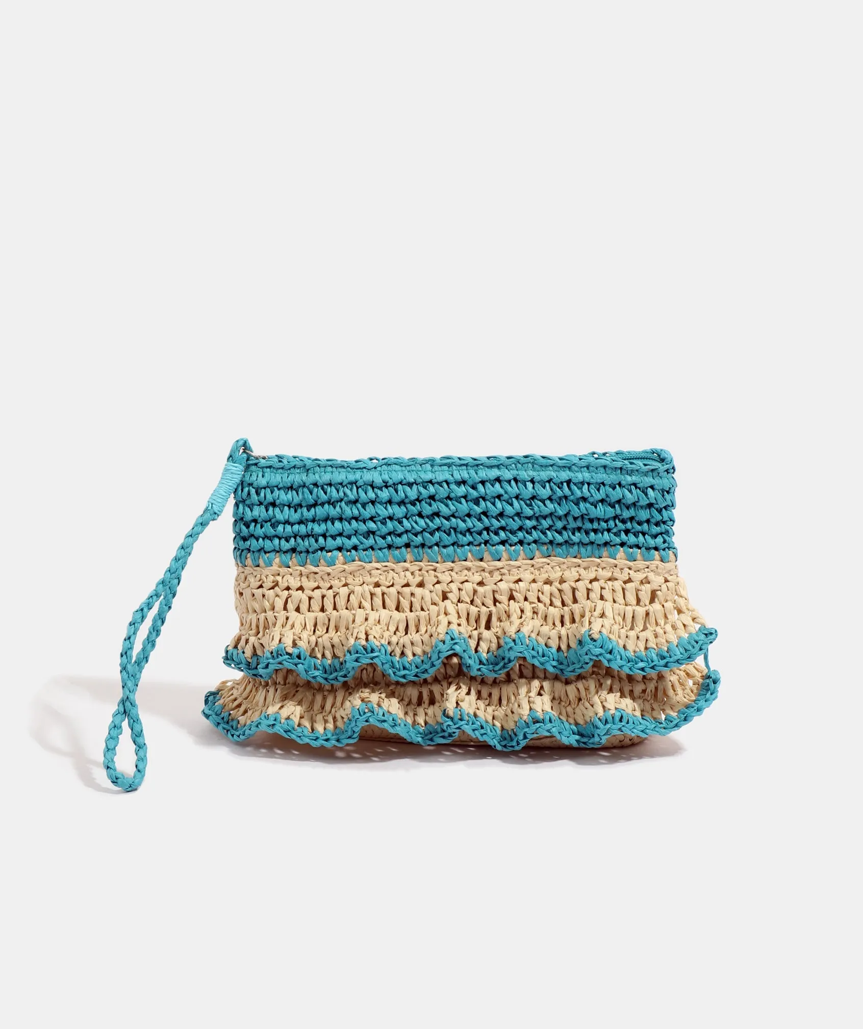 Pale Turquoise Ruffle Detail Straw Clutch Bag