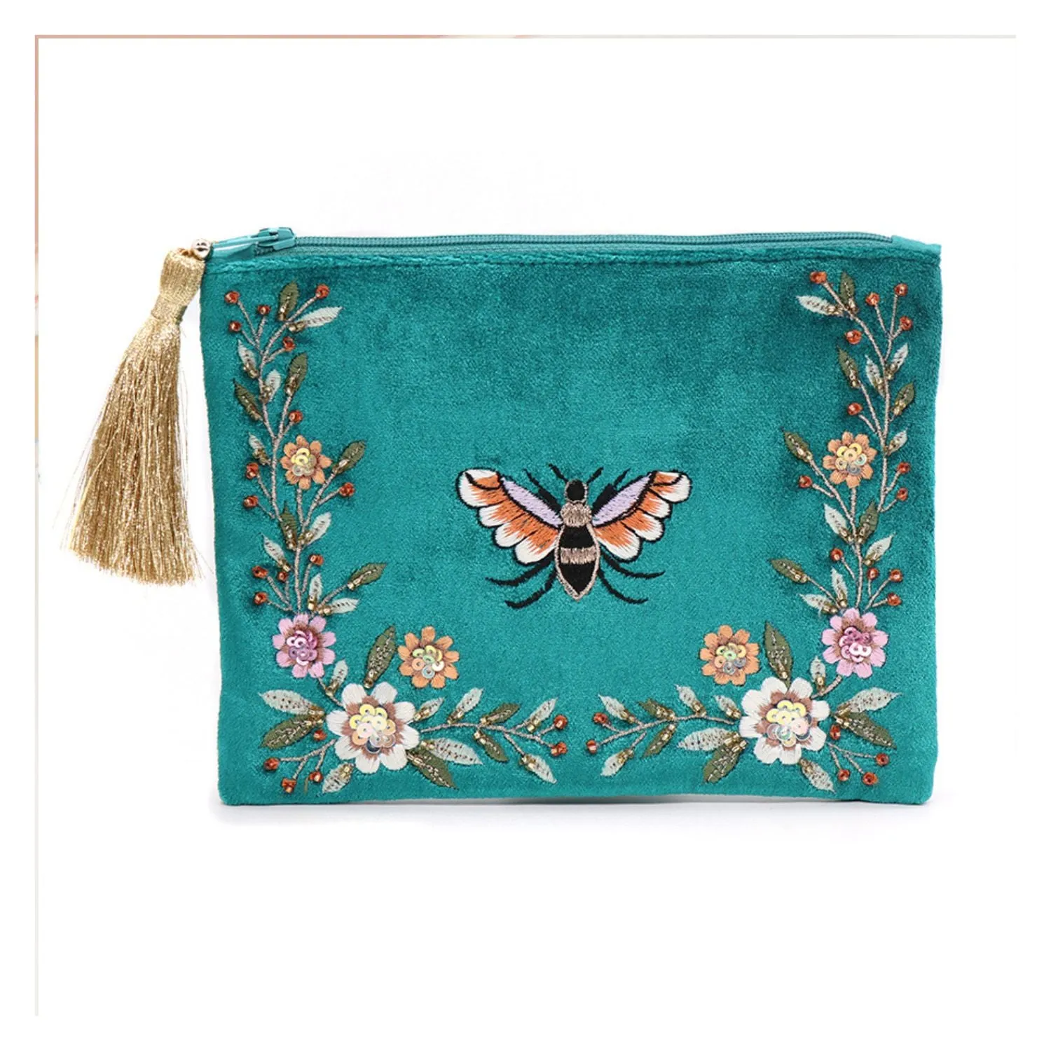 POM Bright Teal Bee Floral Embroided Purse