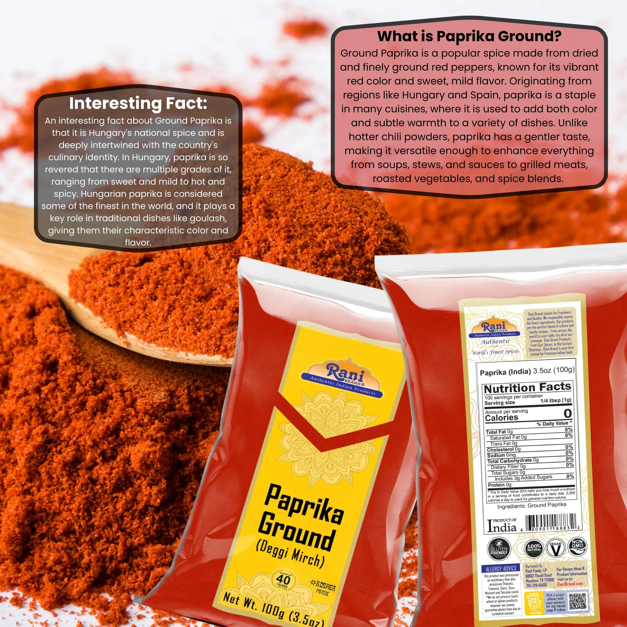 Rani Paprika (Deggi Mirch, Low Heat, Low Heat) Spice Powder, Ground 3.5oz (100g) ~ All Natural, Salt-Free | Vegan | No Colors | Gluten Friendly | NON-GMO | Kosher | Indian Origin