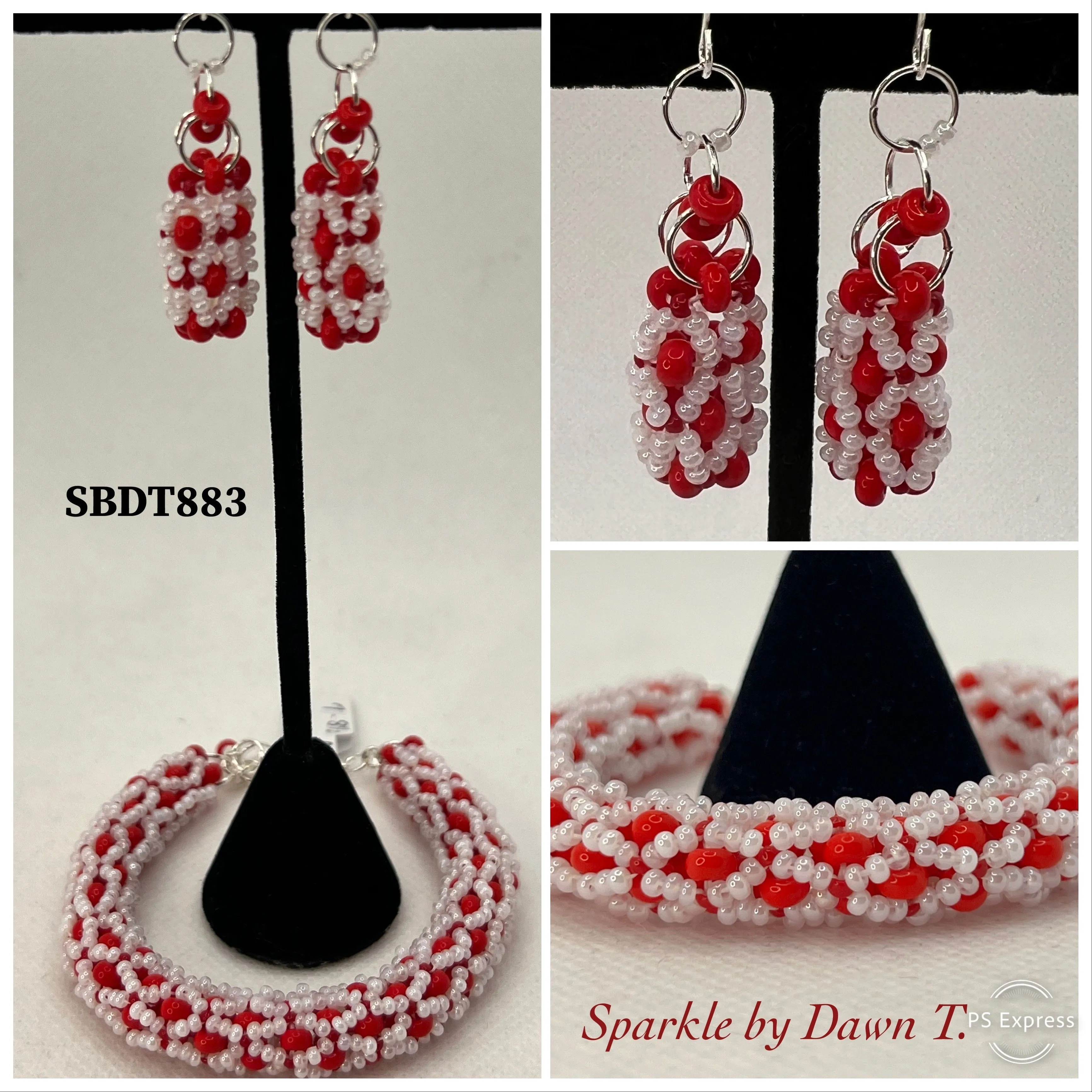 Red and White Netted Rope Bracelet and Earrings