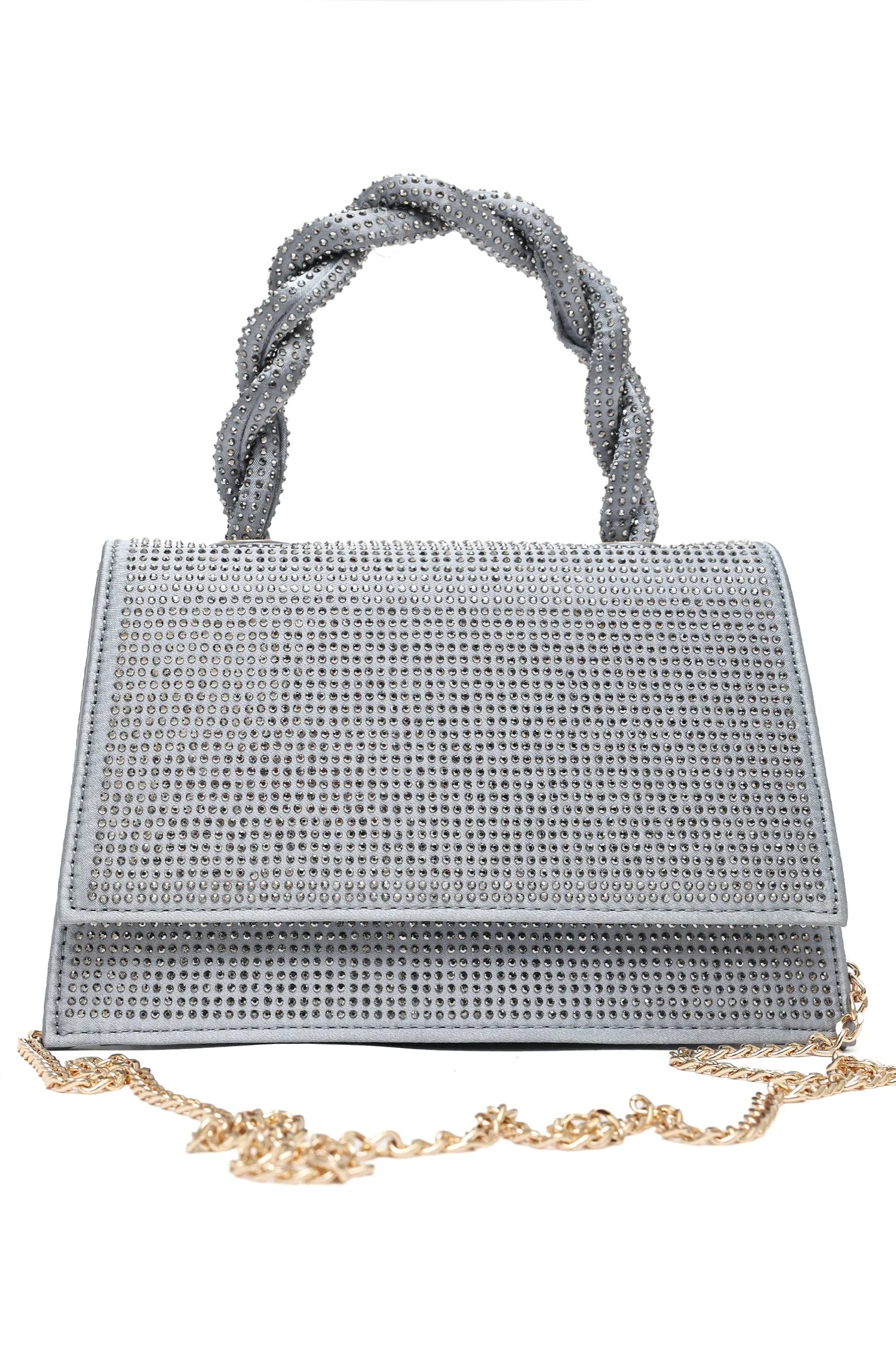 Rhinestone Handle Evening Bag-Grey