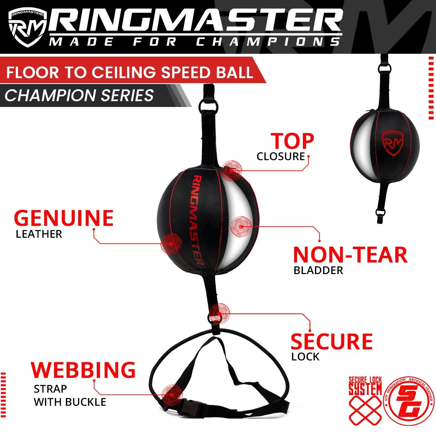 RingMaster Sports Double End Round Speed Ball Champion Series Genuine Leather Red/Black