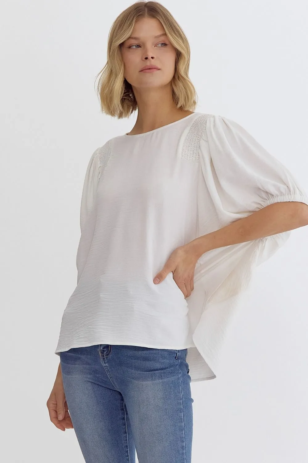 Round Neck Half Sleeve Smocking Detail Shoulder Top