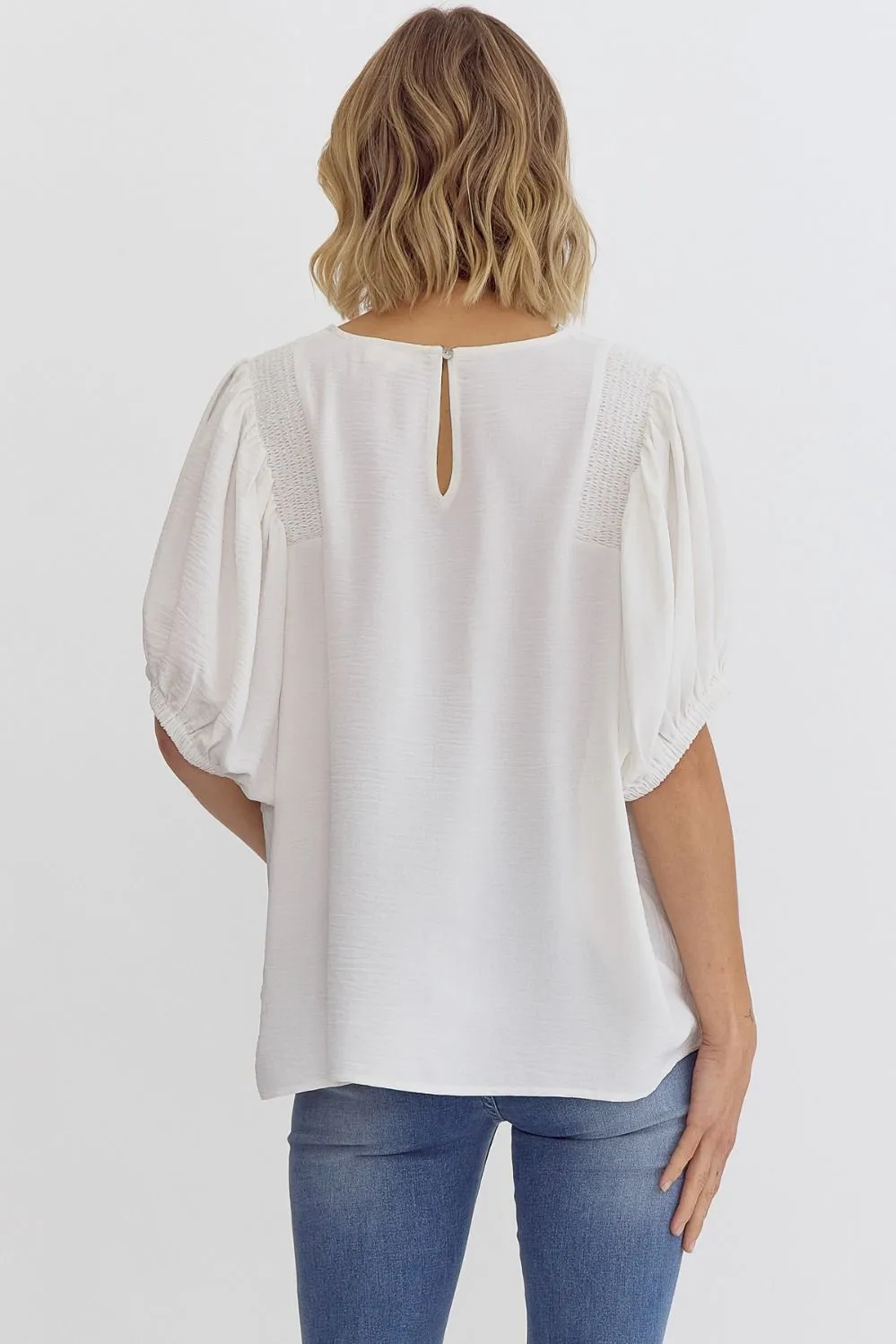 Round Neck Half Sleeve Smocking Detail Shoulder Top