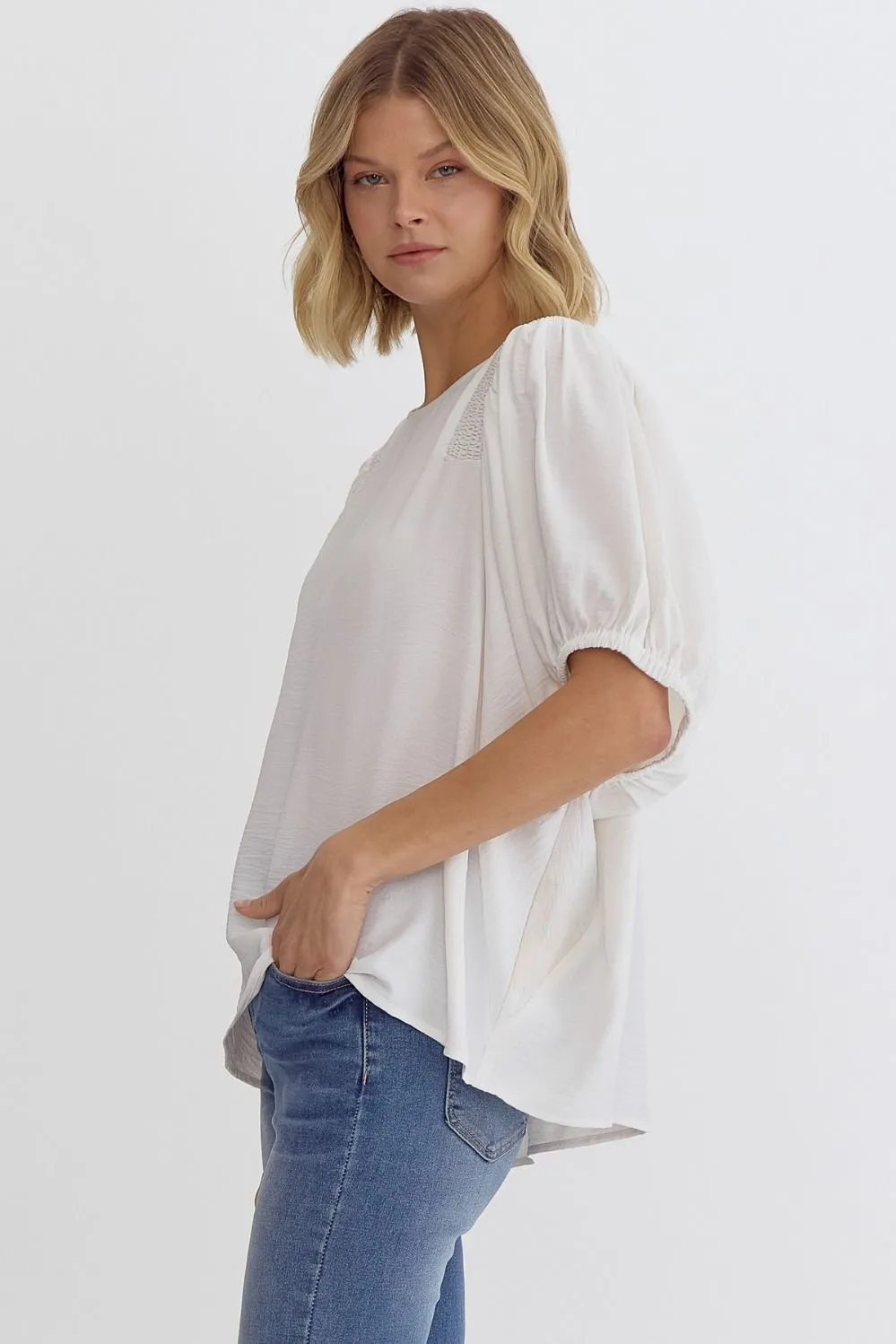 Round Neck Half Sleeve Smocking Detail Shoulder Top