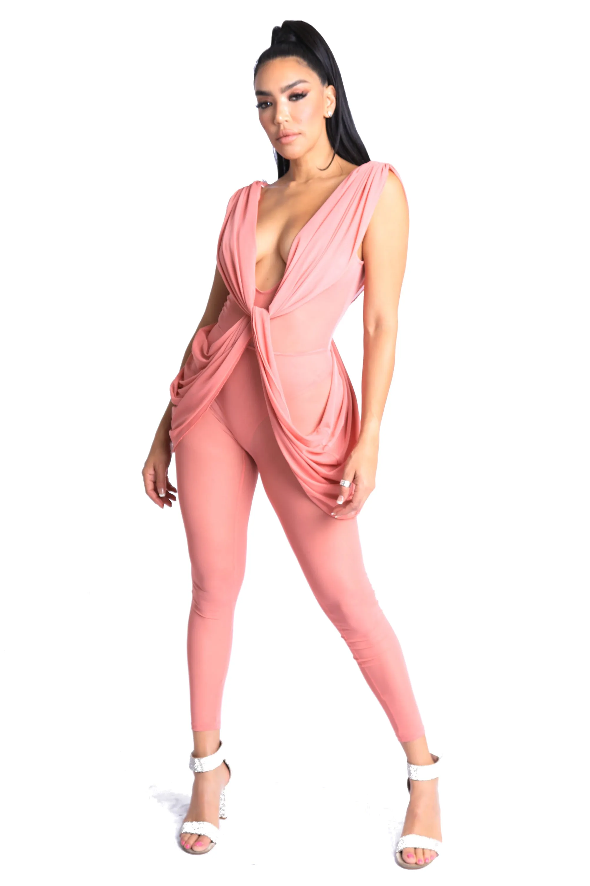 Sleeveless Lightweight Draped Jumpsuit in MAUVE