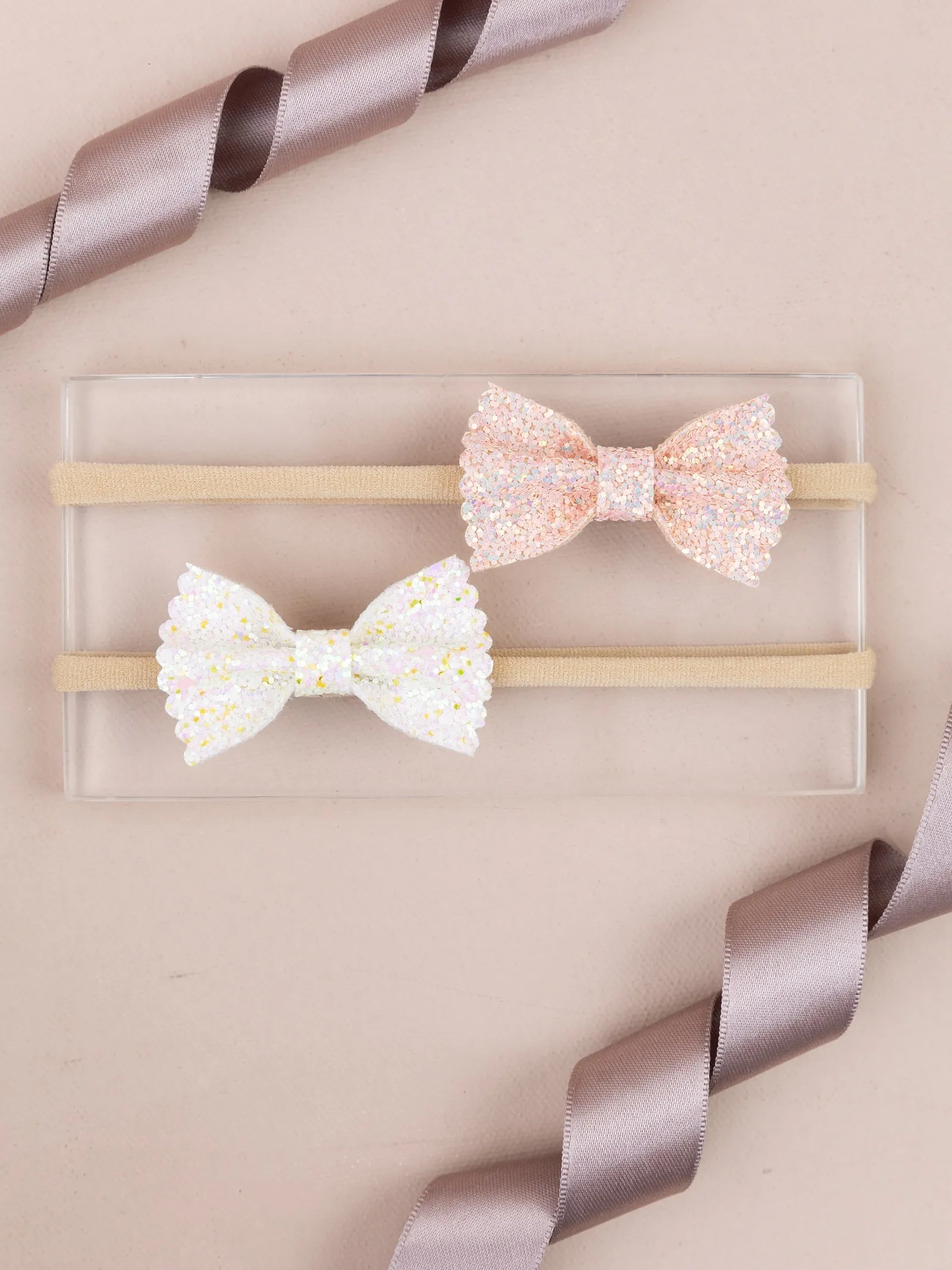 Sparkling Bow Headband Set of 2- Peach and White