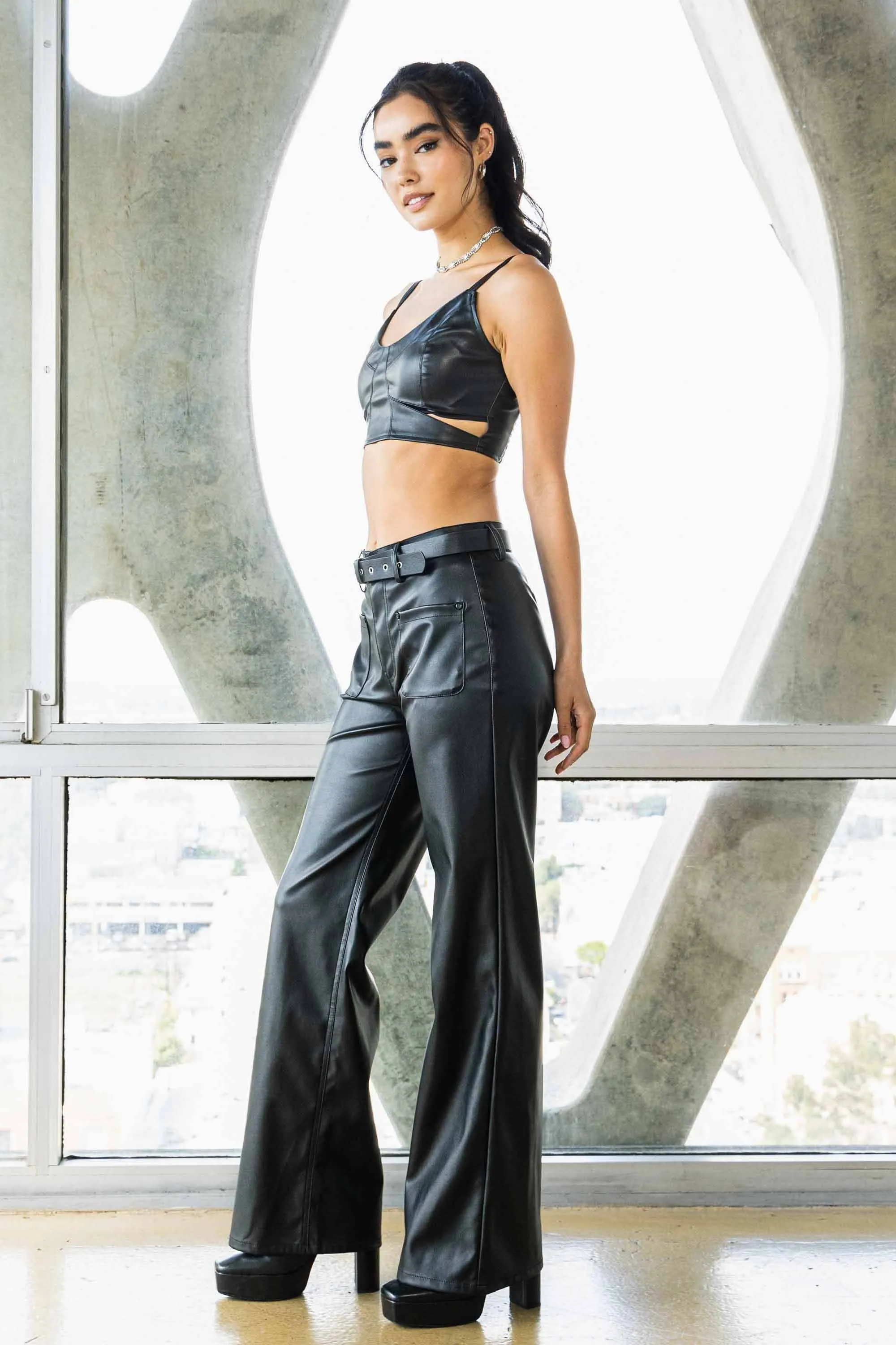 Vegan Leather Belted Wide Leg Pants