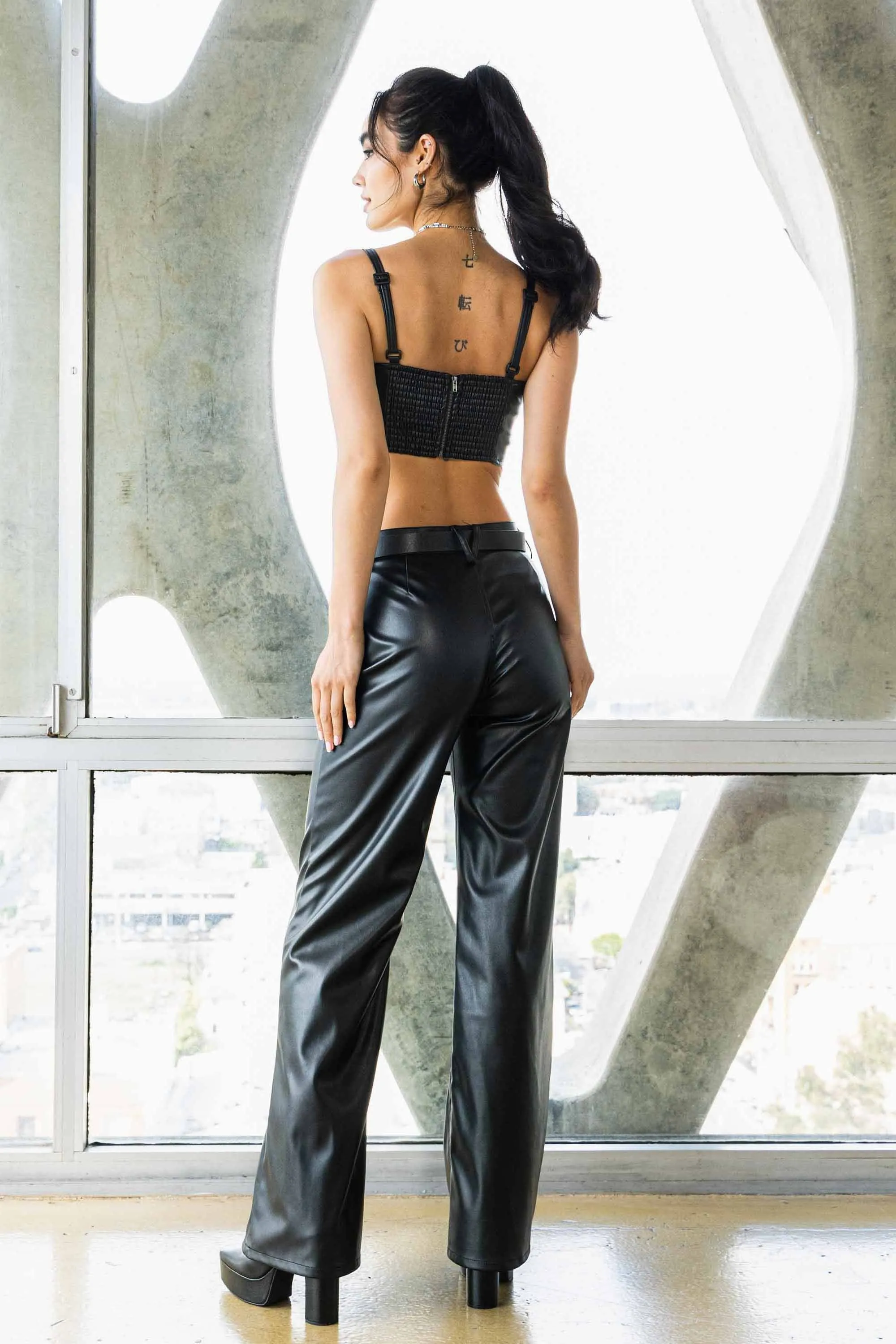 Vegan Leather Belted Wide Leg Pants