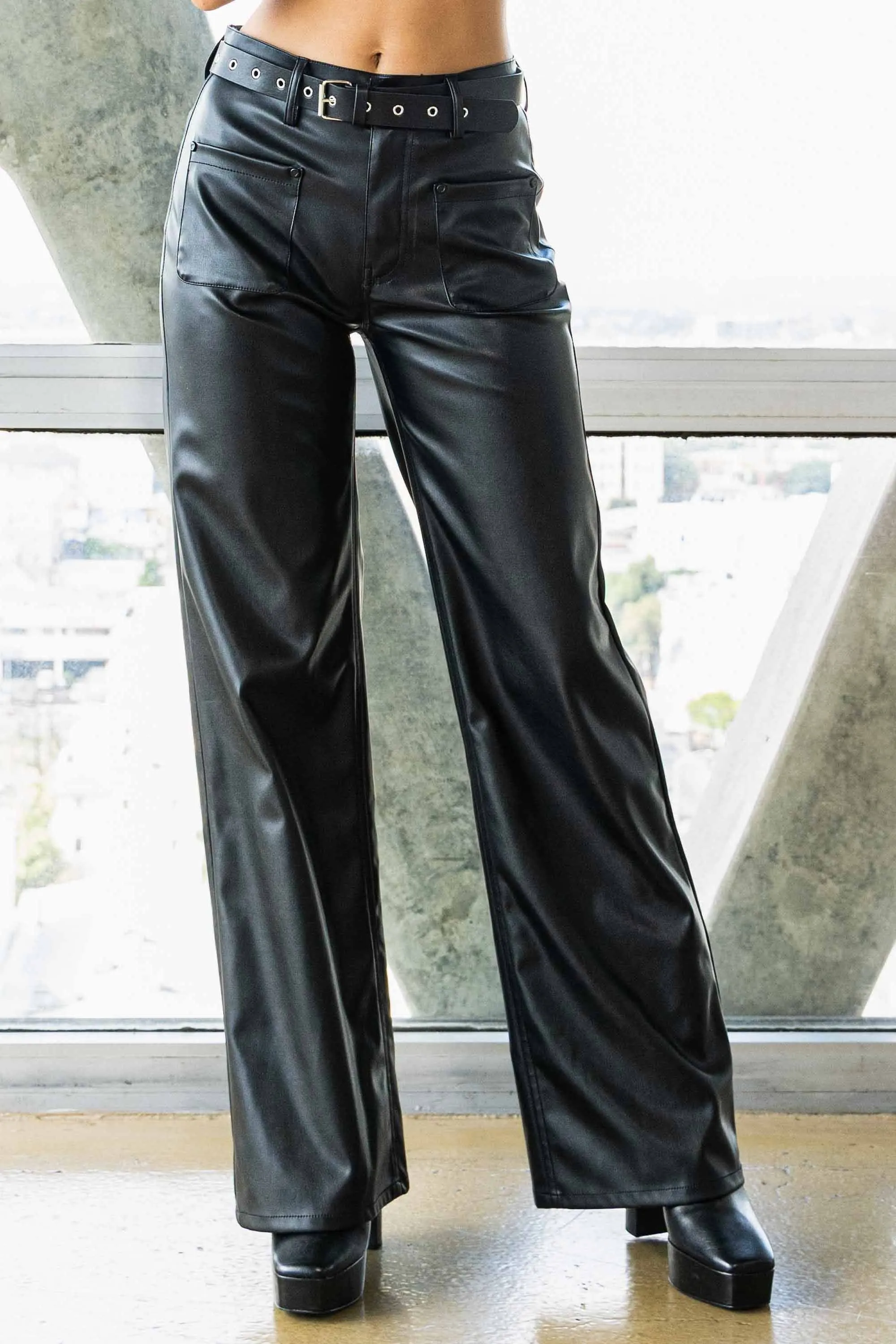 Vegan Leather Belted Wide Leg Pants