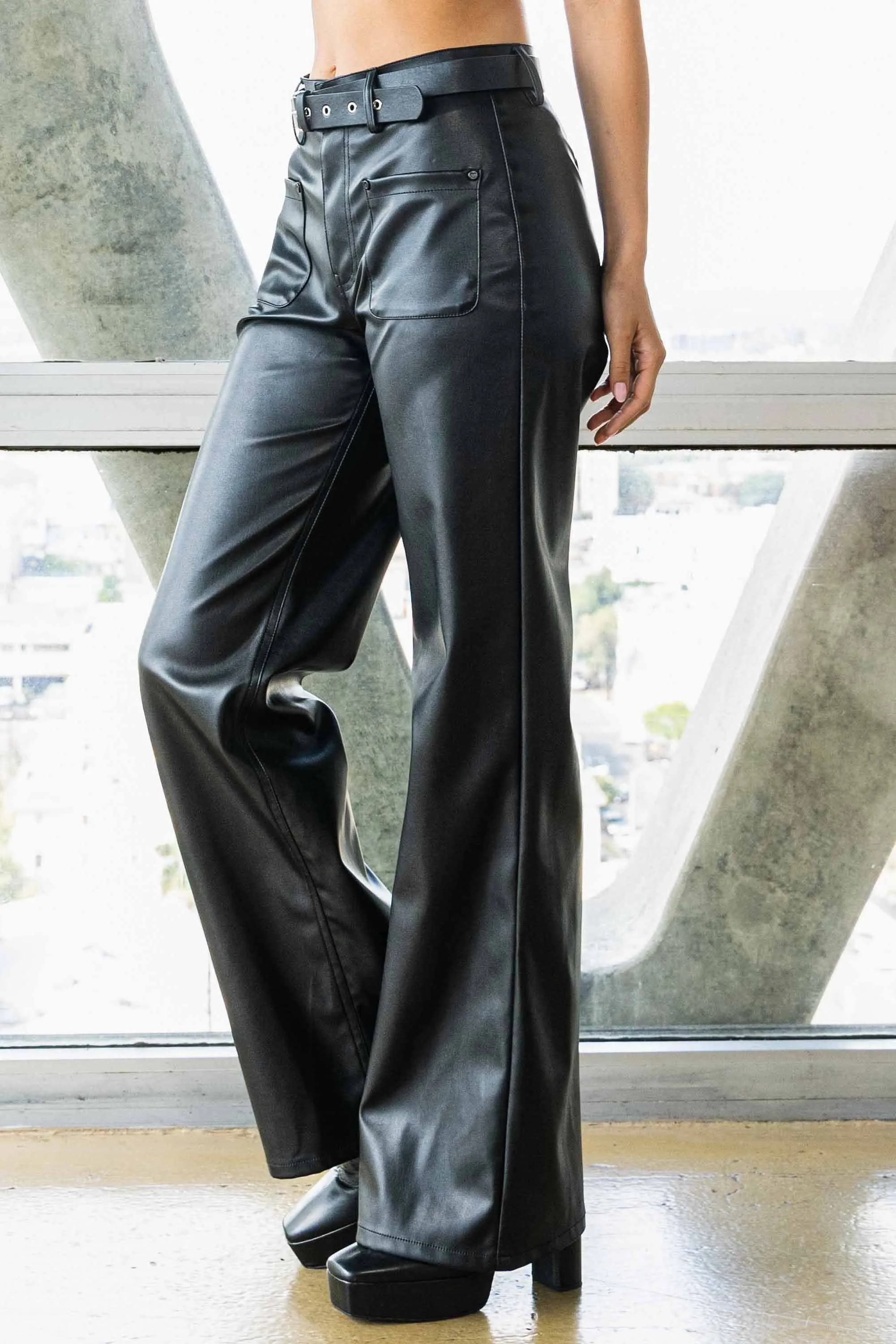 Vegan Leather Belted Wide Leg Pants