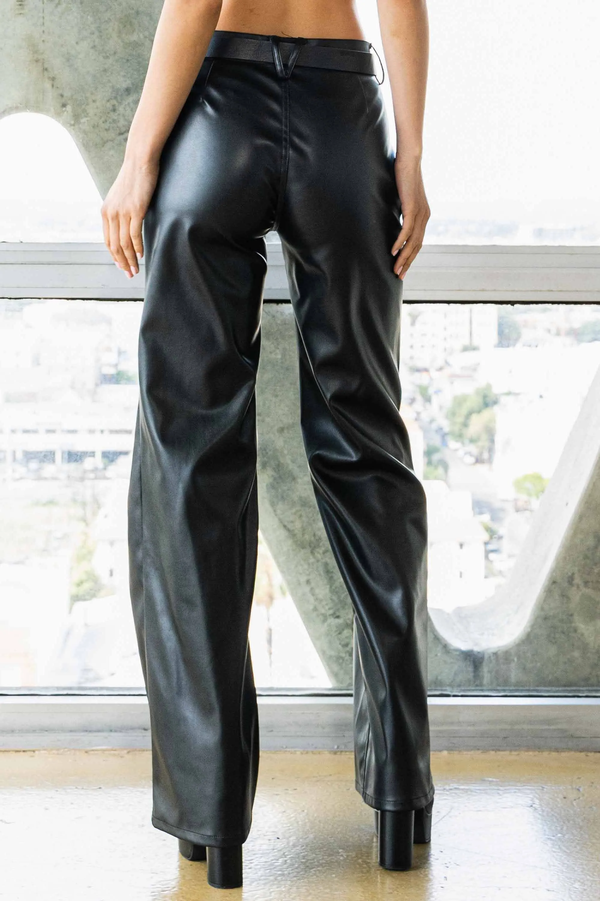 Vegan Leather Belted Wide Leg Pants