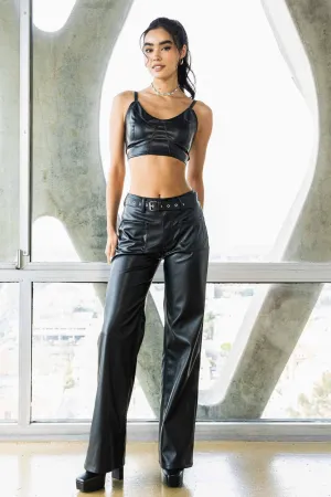 Vegan Leather Belted Wide Leg Pants